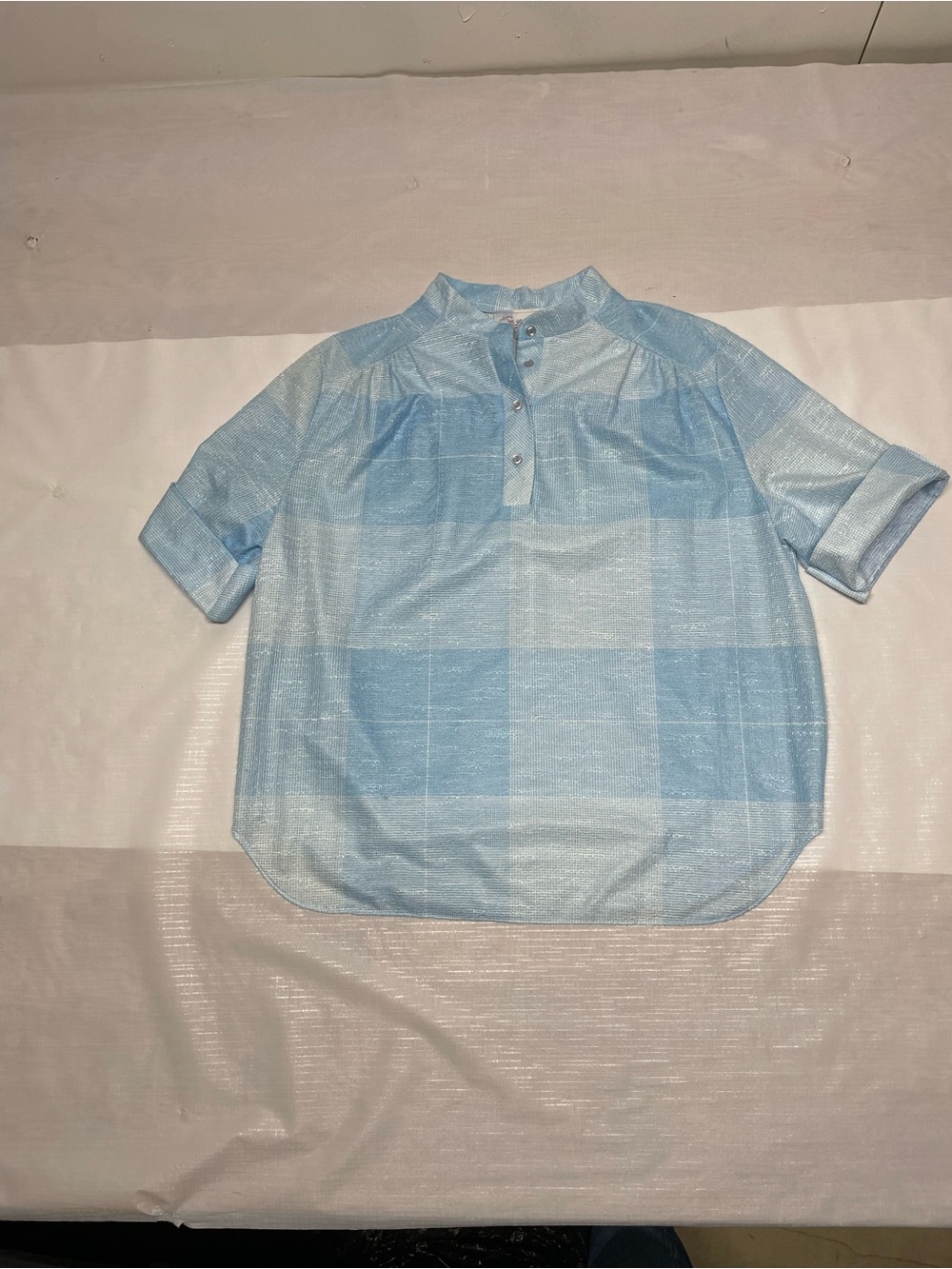 Light Blue Plaid Short Sleeve Henley Top - Women's Sz: 40